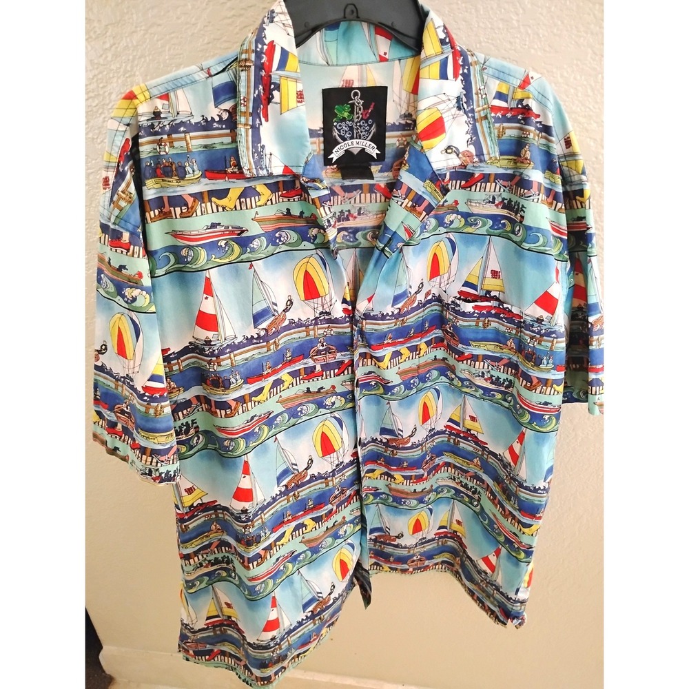 Vintage 90s Nicole Miller Sailboat Tropical Cotton Shirt Retro Nautical Grandpa